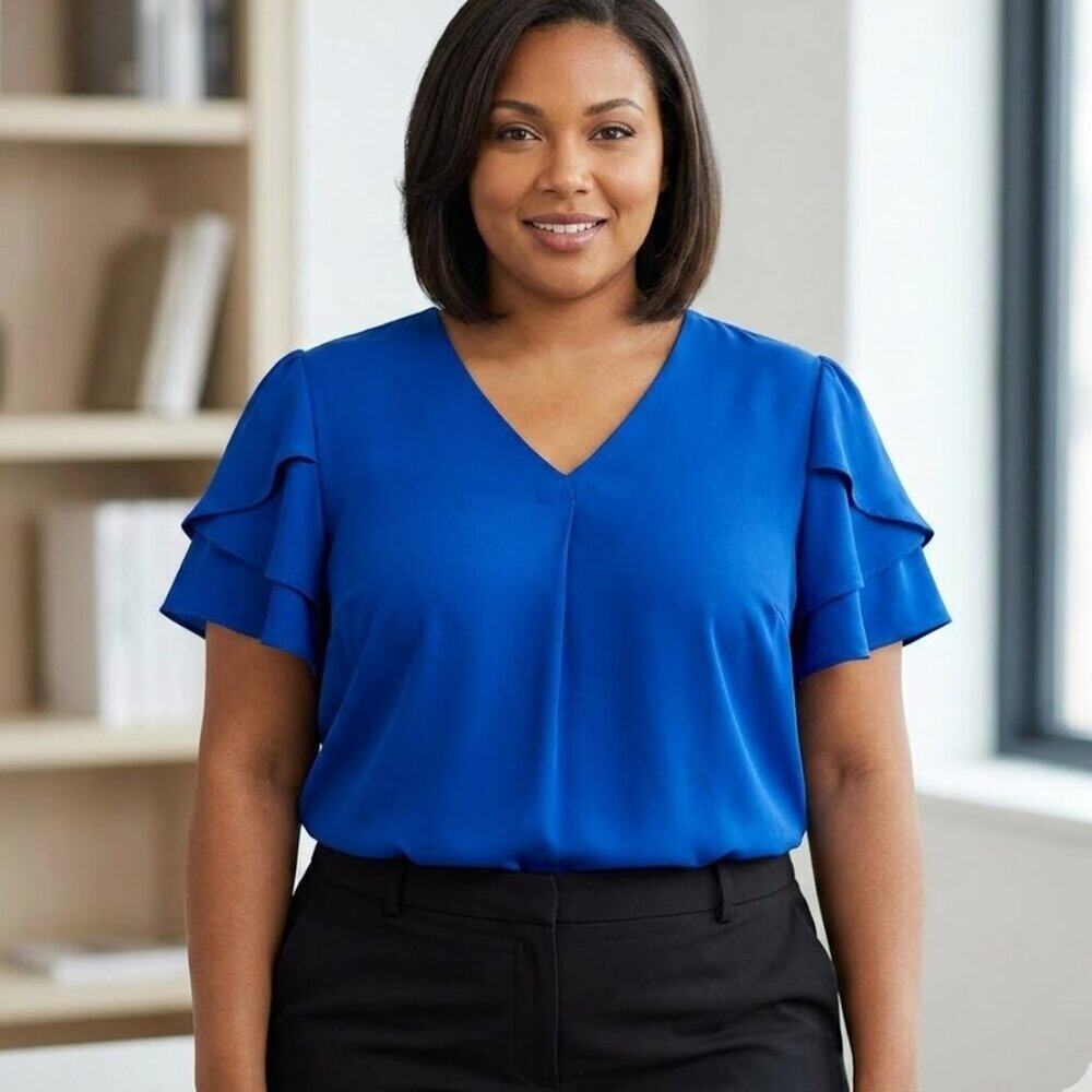Anyally Royal Blue Ruffle Sleeve Office Blouse 2XL